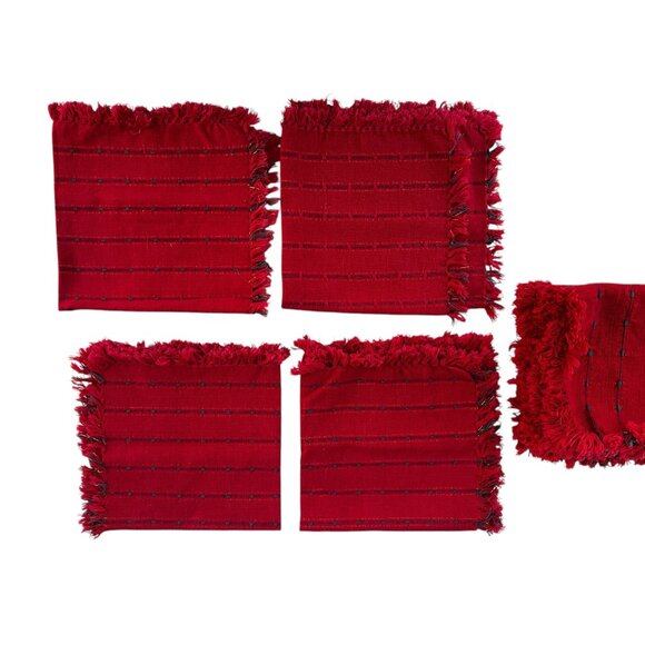 Set Of 4 Handmade Woven Red Placemats & Napkins Fringe Edges & Green Accent - Picture 1 of 16
